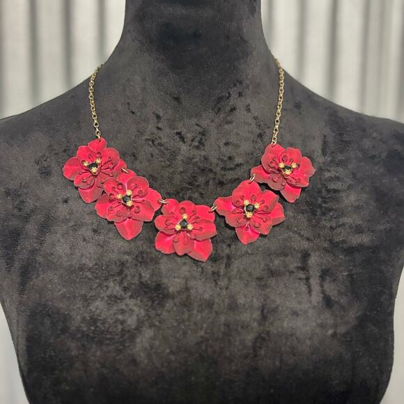 Bold Red Layered Flower Statement Necklace Gold Chain | Glam Floral Jewelry - Picture 4 of 13